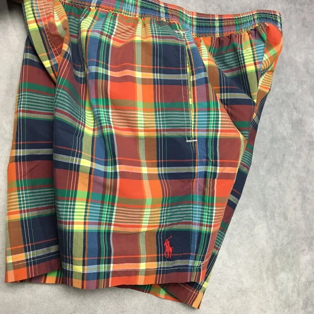 Polo RL Mens Plaid‎ Swim Trunk Shorts size Large Red Green Mesh Inner Briefs